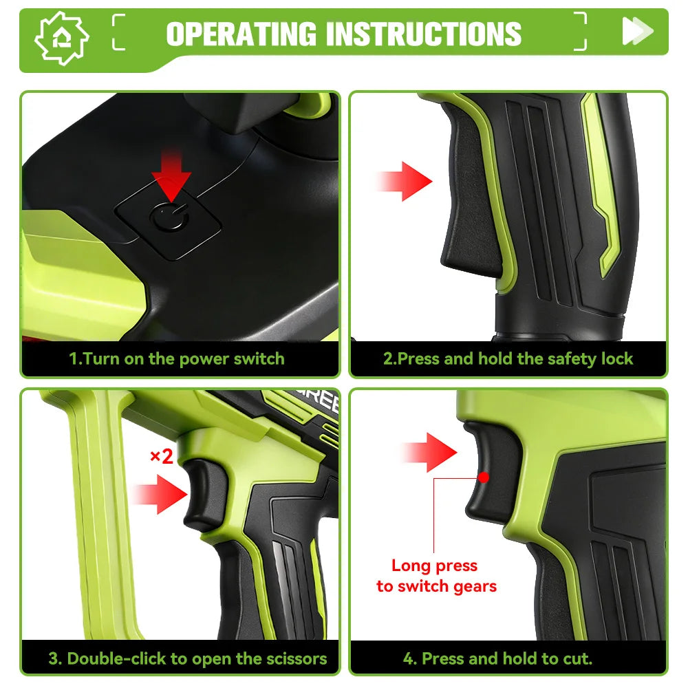 ONEGREEN Brushless 30MM Electric Pruner Shear 2 Gears Cordless Scissors Tree Bonsai Pruning Tools For Makita 21V Battery Pin