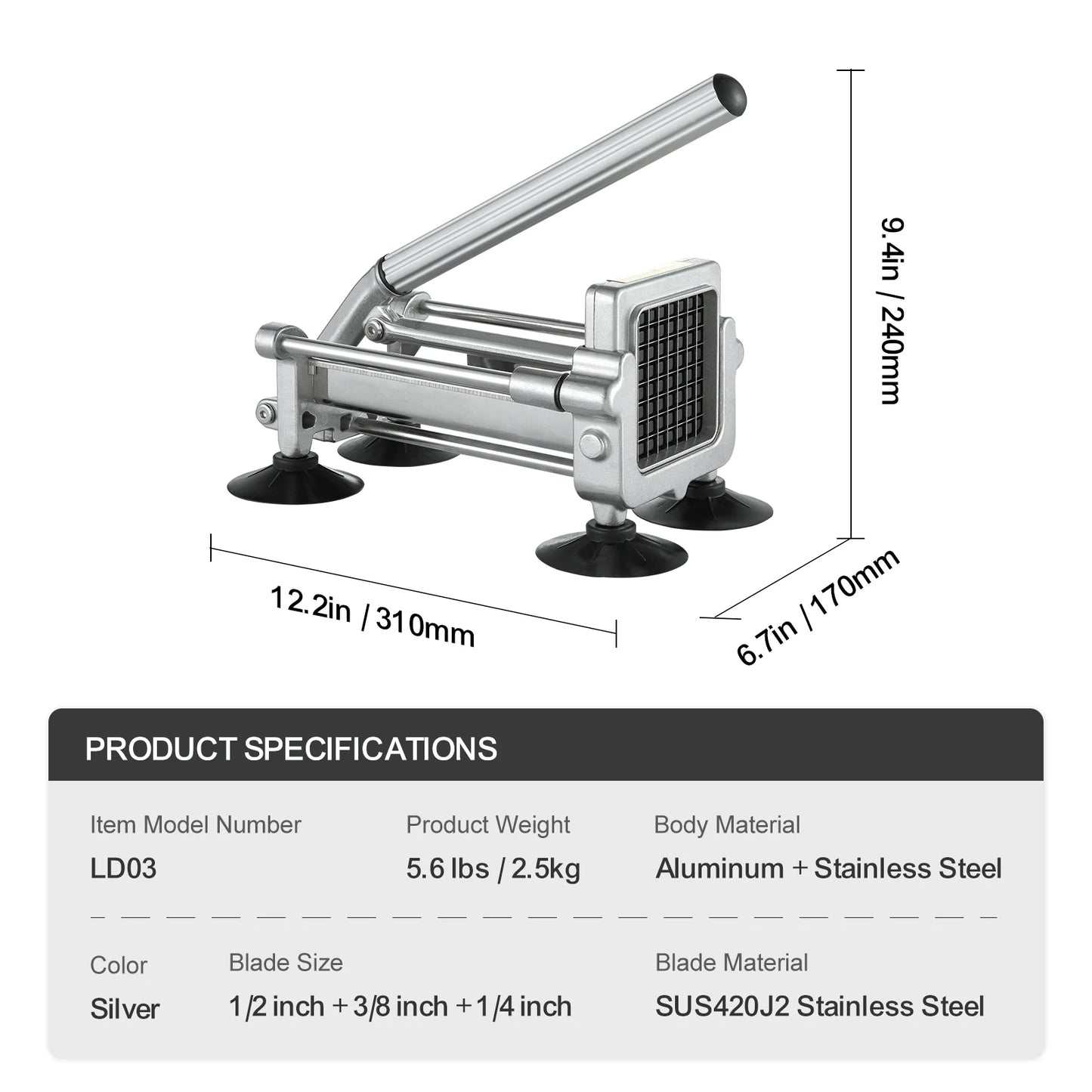 SucceBuy French Fry Cutter Potato Slicer 1/2 3/8 1/4-Inch Stainless Steel Blades for French Fries Cucumber Vegetables Carrot