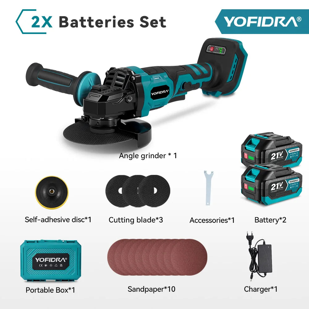 YOFIDRA 2in1 125mm Electric Brushless Angle Grinder 3Gears Woodworking Polisher Cutter Machine Power Tool For Makita Battery Pin