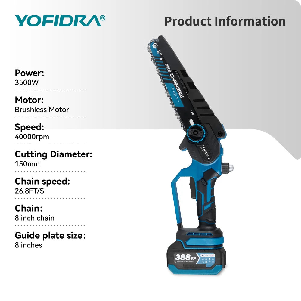 YOFIDRA 8 Inch Brushless Electric Chainsaw 3500W Handheld Woodworking Pruning Chain Saw Cutter Power Tool For Makita Battery Pin
