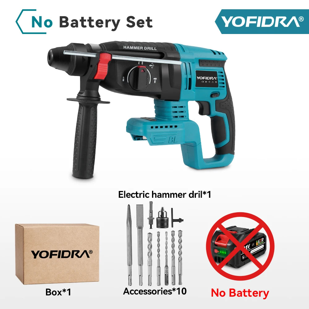 YOFIDRA 26mm Borstelloze Elektrische Boorhamer Snoerloze Multifunctionele Klopboormachine Elektrisch Gereedschap voor Makita 18-21V Accu