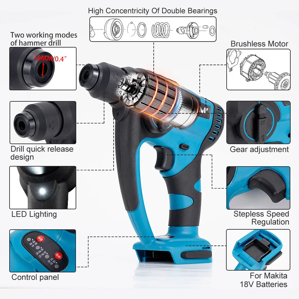 A blue and black cordless hammer drill with an exposed brushless motor, featuring multiple operational modes, quick-release chuck, LED lighting, gear adjustment, stepless speed regulation, and compatibility with Makita 18V batteries.