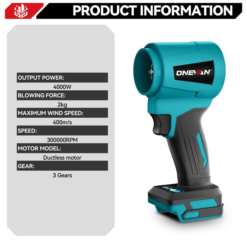 ONEVAN 300.000 tpm Borstelloze Elektrische Bladblazer Jet Fan 400 m/s Snoerloze Bladblazer Stofblaasgereedschap voor Makita 18V Accu