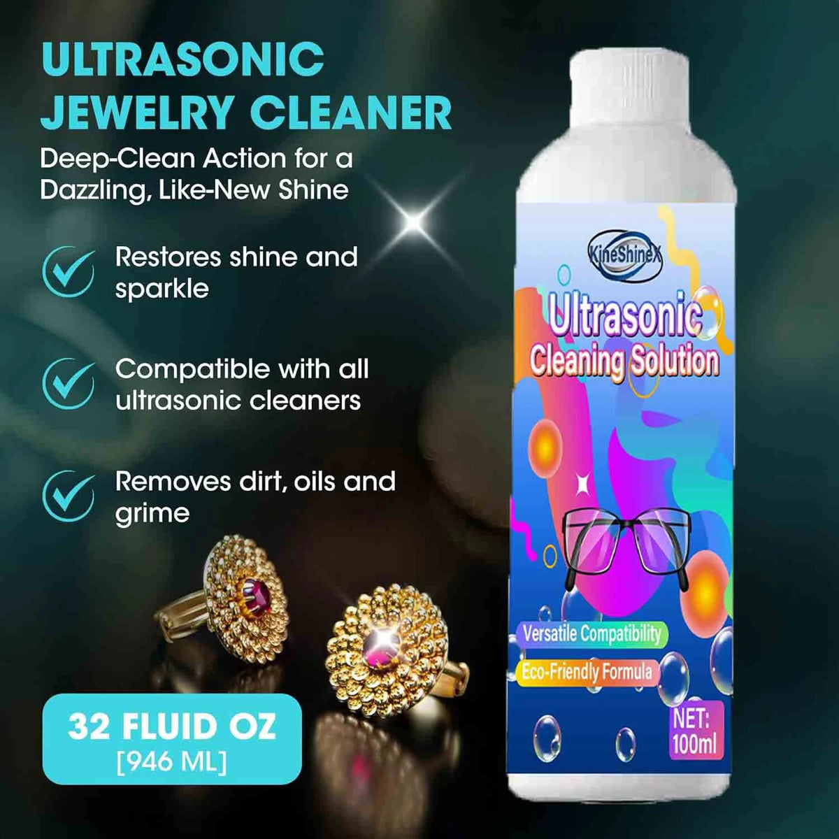 Jewelry Cleaner  Ultrasonic Cleaning Solution – Eco-Friendly Formula Restores Sparkle to Jewelry, Diamonds, Eyewear & More