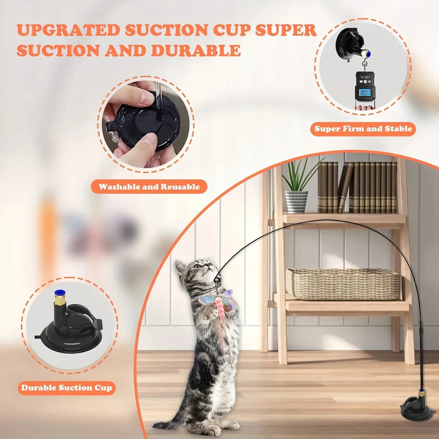 A cat toy with a suction cup base and flexible rod, designed to be durable, washable, and reusable for interactive play.