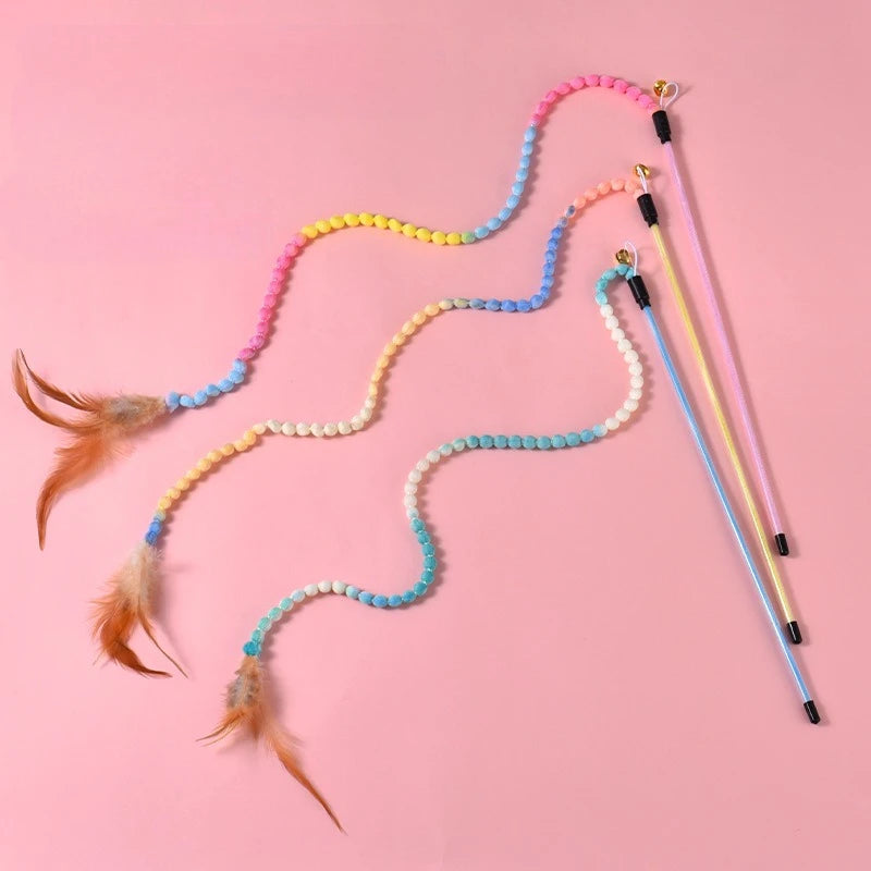 Lot de 3 jouets interactifs pour chat, canne à pêche arc-en-ciel pour chats et chatons d'intérieur, jouet teaser coloré avec ficelle, peluche et plumes