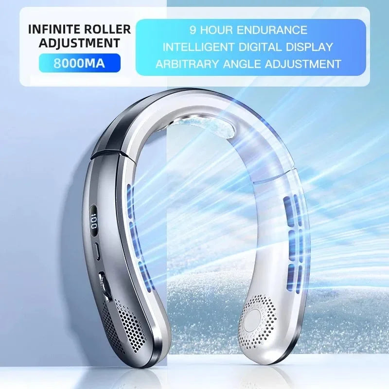 Lenovo 8000mAh Portable Hanging Neck Fan Bladeless Neckband Fan Digital Display Power Air Cooler USB Rechargeable Electric Fan