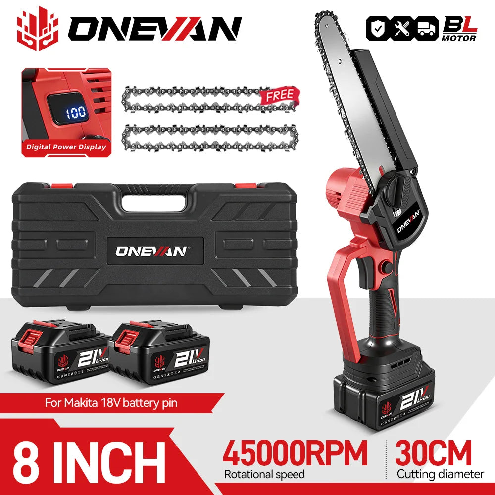 ONEVAN 8Inch Brushless Electric Chainsaw 4500W Cordless Electric Saw Rechargeable Woodworking Tool For Makita 18V Battery Pin