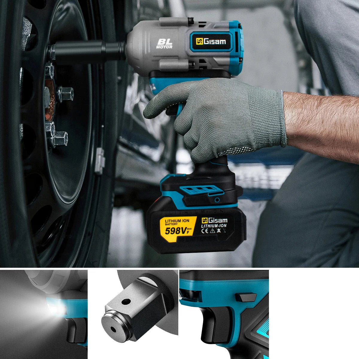 Gisam 2000N.m Brushless Impact Wrench 1/2" Repair Cordless Screwdriver 5Gear Hexs Socket Adapter Kit for Makita 18V Battery Pins