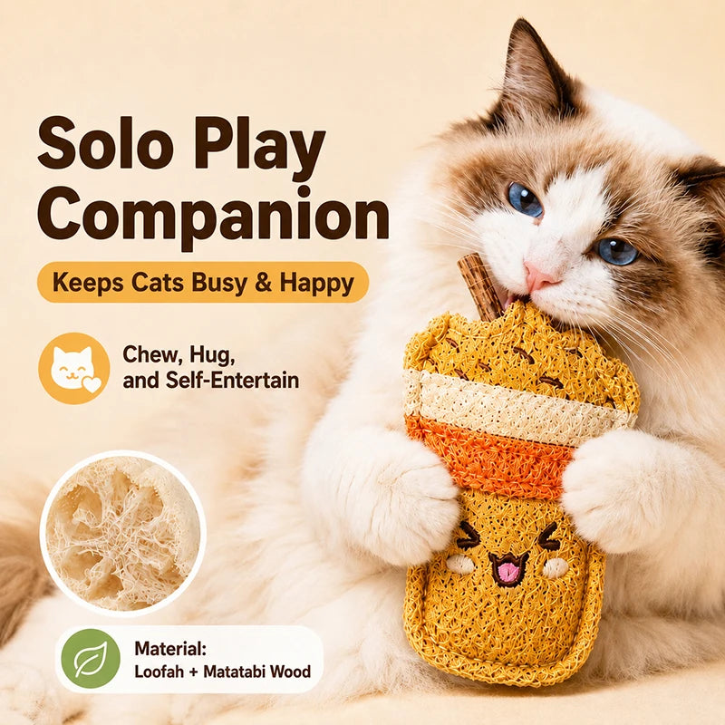 Loofah Cat Chew Toy with Matatabi Stick Natural Dental Cleaning Kitten Teething Toy Interactive Solo Play Pet Supplies