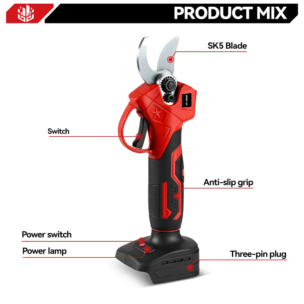 ONEVAN 1000W 30MM Brushless Electric Pruning Shear 3Pins Plug Cordless Electric Scissors Garden Tools For Makita 18V Battery Pin