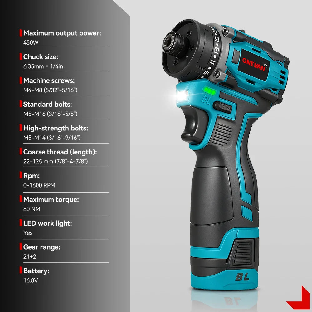 ONEVAN 3 IN 1 Brushless Electric Drill Screwdriver 80NM 1600 RPM Brushless impact screwdriver For Lithium Battery