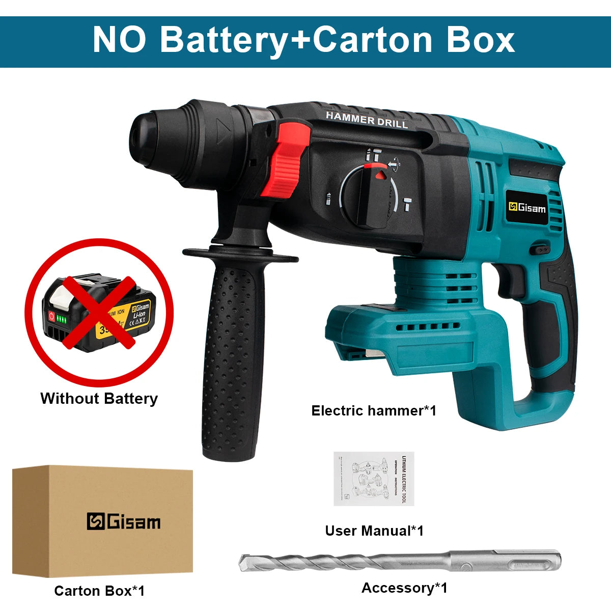 Gisam 1680W Borstelloze Elektrische Boorhamer 26MM Snoerloze Roterende Klophamer Houtbewerkingsgereedschap voor Makita 18V Accu