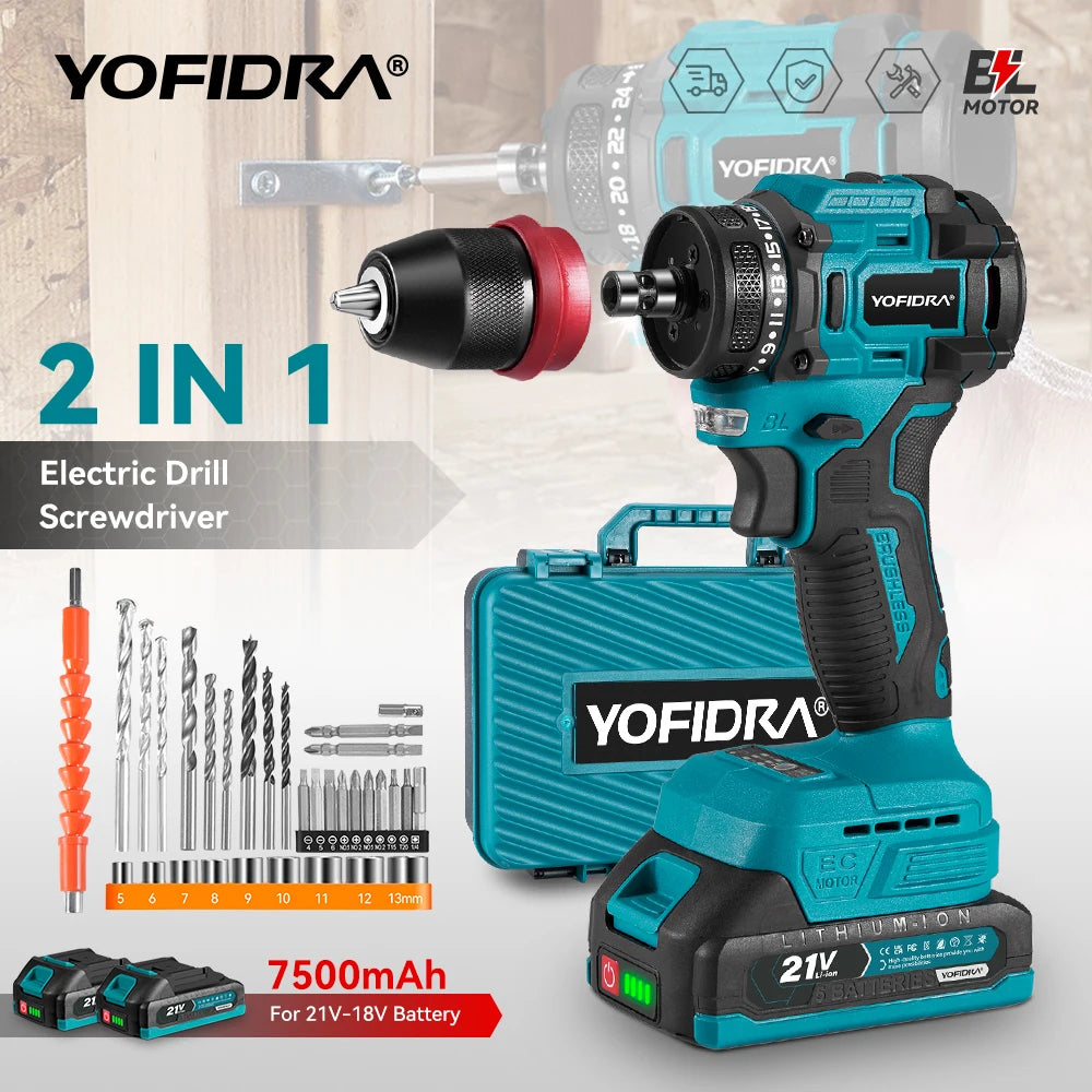 YOFIDRA 2-in-1 borstelloze elektrische schroevendraaier handboormachine met zeskantopname, huishoudelijke elektrische gereedschapsset voor Makita-accu