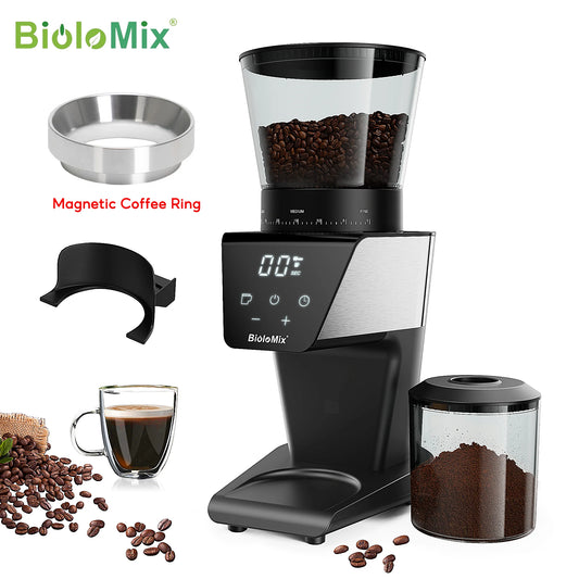 BioloMix Electric Coffee Grinder with Magnetic Ring - 30 Precise Grind Settings for Espresso, American, and Pour Over Coffee