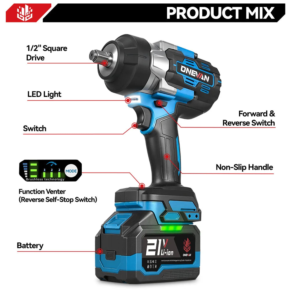 ONEVAN 2800N.M Torque Brushless Electric Impact Wrench 5 Speed Cordless Wrench Screwdrive Power Tool  For Makita 18V Battery Pin
