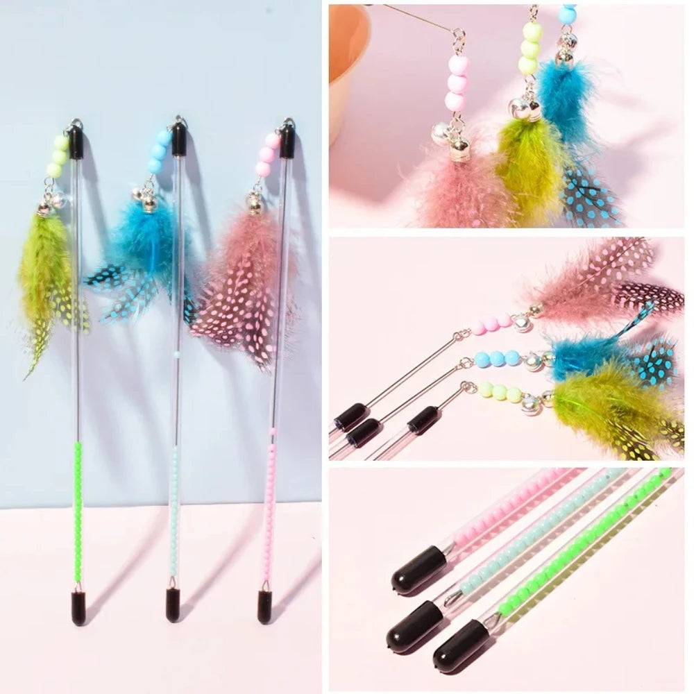 Lot de 3 jouets pour chat, canne à plumes pour chat avec manche rétractable, jouet interactif pour chat, accessoire pour chaton, produits pour animaux de compagnie
