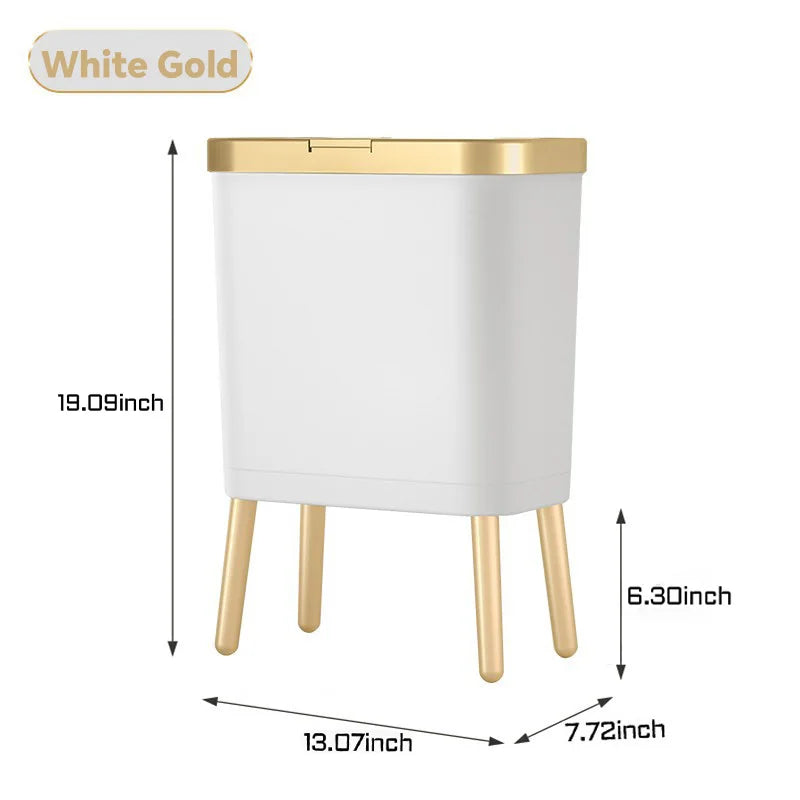 Bedroom Trash Can with Lid,Slim Bathroom Cans Lids, Dog Proof Press Top Lid,Modern Gold Plastic Waste Basket for Office,Kitchen