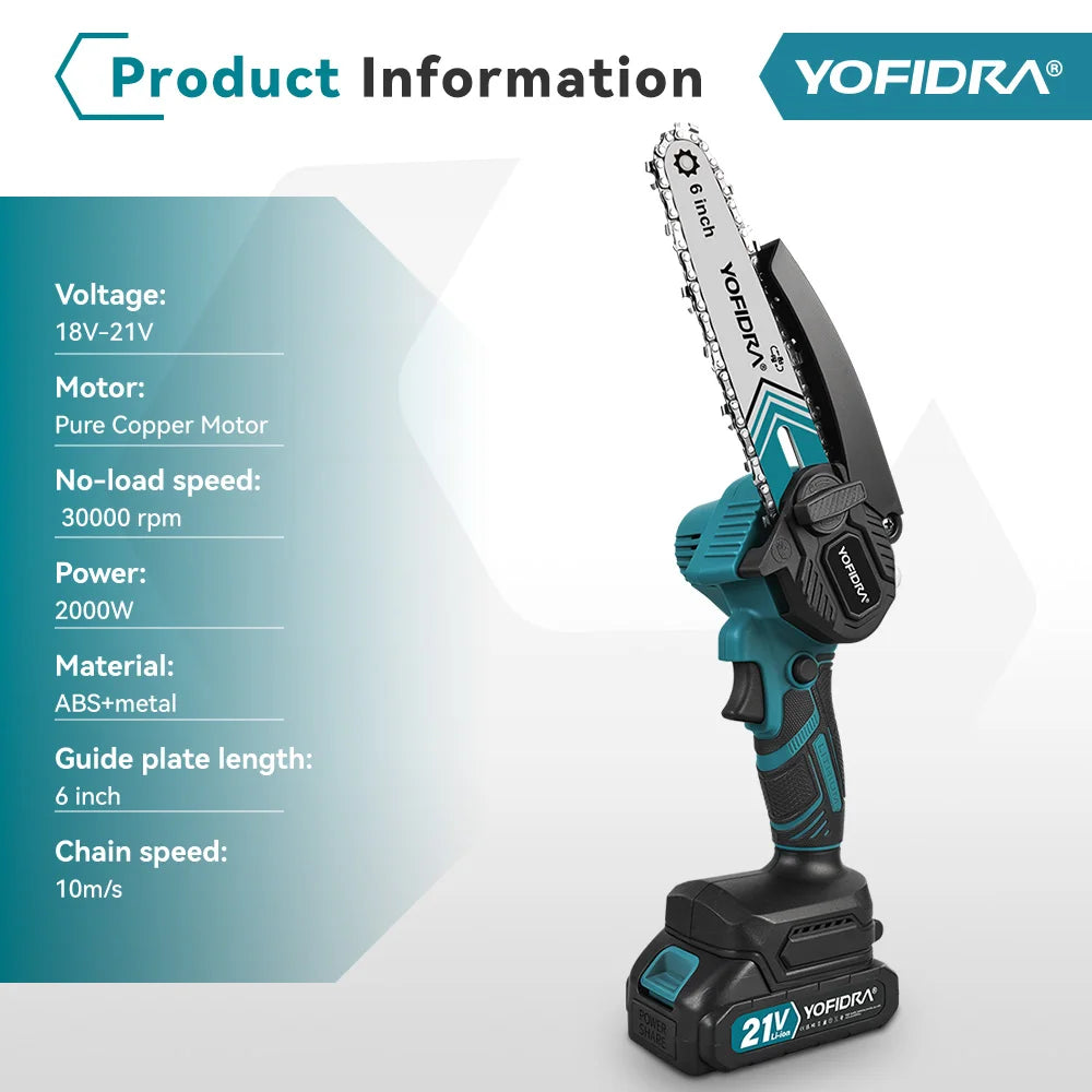 YOFIDRA 6 Inch Electric Chainsaw 30000RPM Portable Chain Saw Garden Woodworking Cutting Power Tool for Makita 21V Battery Pin