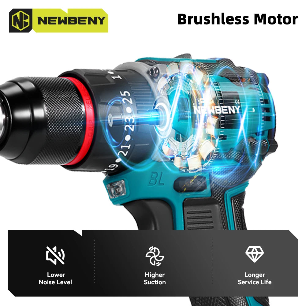 NEWBENY 80N.M 3-IN-1 Brushless Electric Drill Cordless 25+3 Torque Screwdriver Power Tools Set For Makita 18V Battery Pin