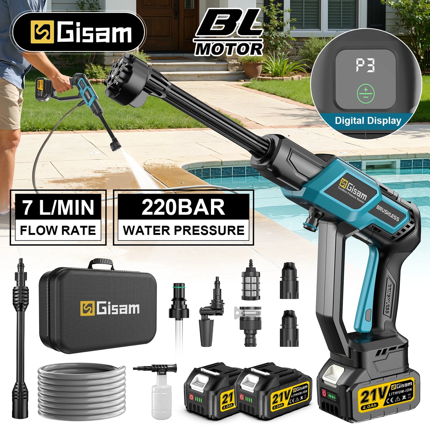 Gisam 220Bar Brushless Electric High Pressure Car Washer Gun Garden Washing Spray Gun Cleaning Tool For Makita 18V Battery Pin