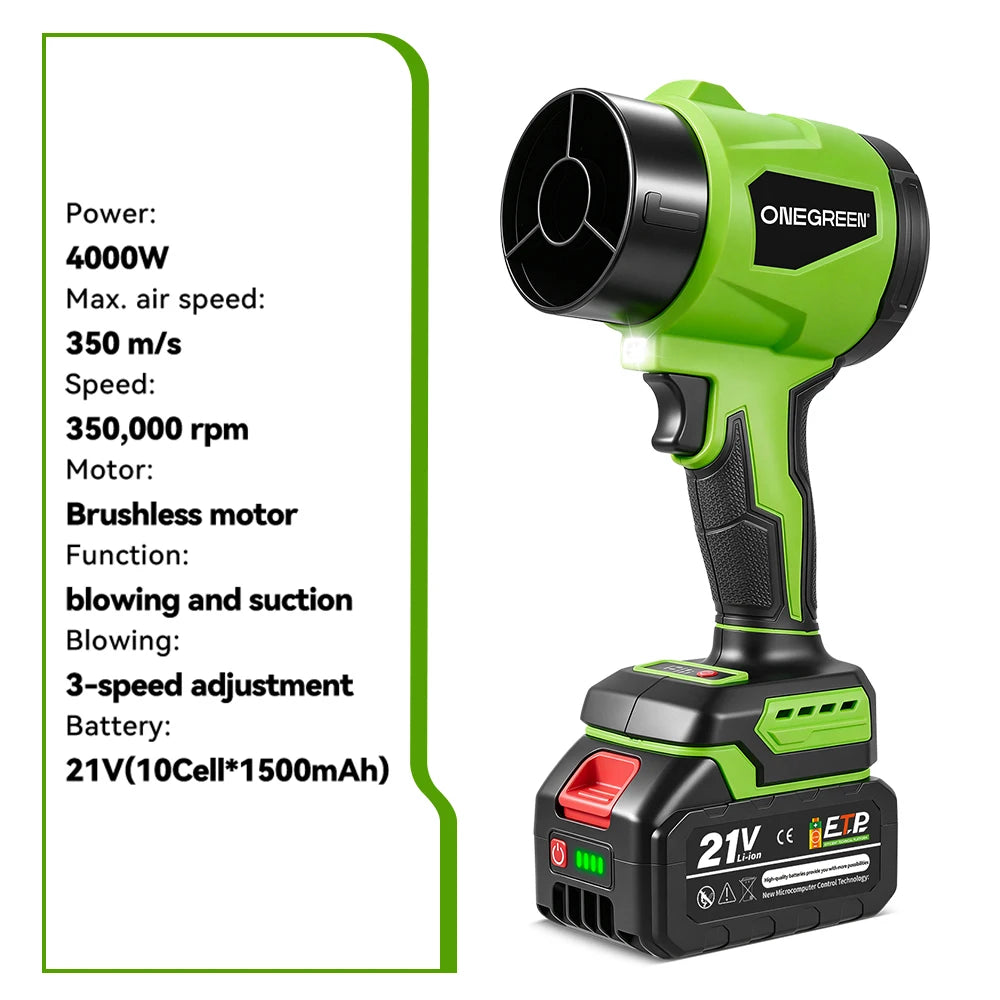 ONEGREEN 4000W 2in1 Brushless Electric Air Blower Jet Fan 350000RPM Leaf Blower Dust Blowing Tool For Makita 18V Battery Pin