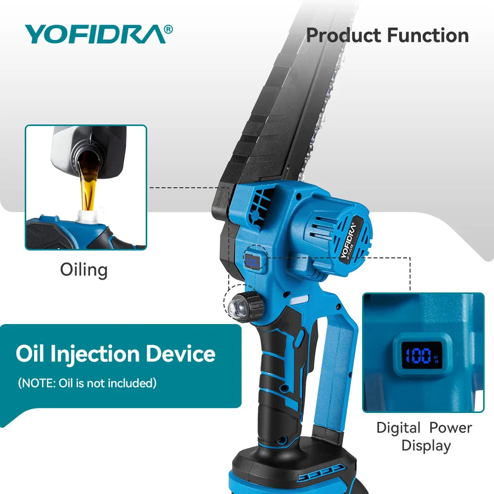 YOFIDRA 8 Inch Brushless Electric Chainsaw 3500W Handheld Woodworking Pruning Chain Saw Cutter Power Tool For Makita Battery Pin