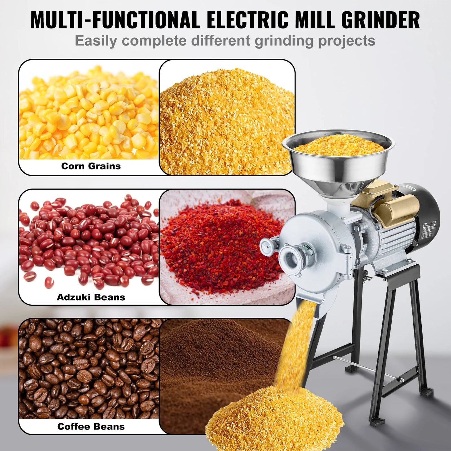 SucceBuy Electric Grain Mill Grinder 3000W Spice Grinders Commercial Corn Mill with Funnel Cereal Wheat Grinders Dry&Wet Grinder