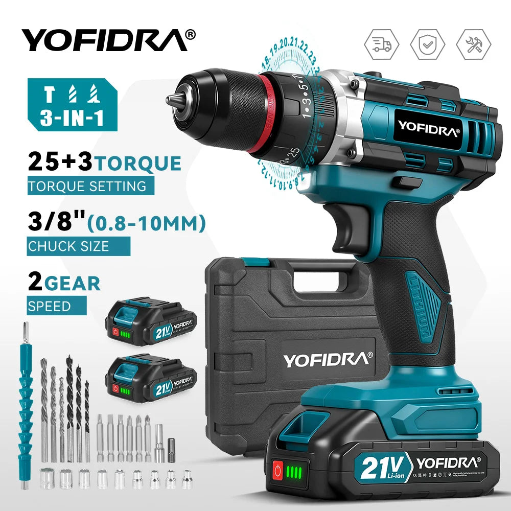 YOFIDRA 3-in-1 25+3 Koppel Elektrische Slagboormachine Handbediende Snoerloze Slagboormachine Houtbewerkingsgereedschap voor Makita Accu