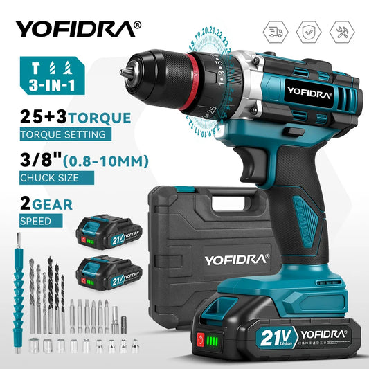 YOFIDRA 3 IN 1 25+3 Torque Electric Impact Drill  Handheld Cordless Impact Drill Woodworking Power Tool For Makita Battery Pin