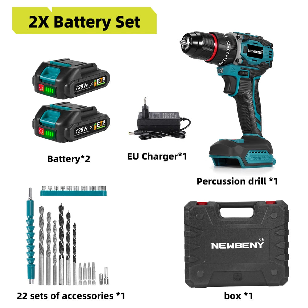 NEWBENY 80N.M 3-IN-1 Brushless Electric Drill Cordless 25+3 Torque Screwdriver Power Tools Set For Makita 18V Battery Pin