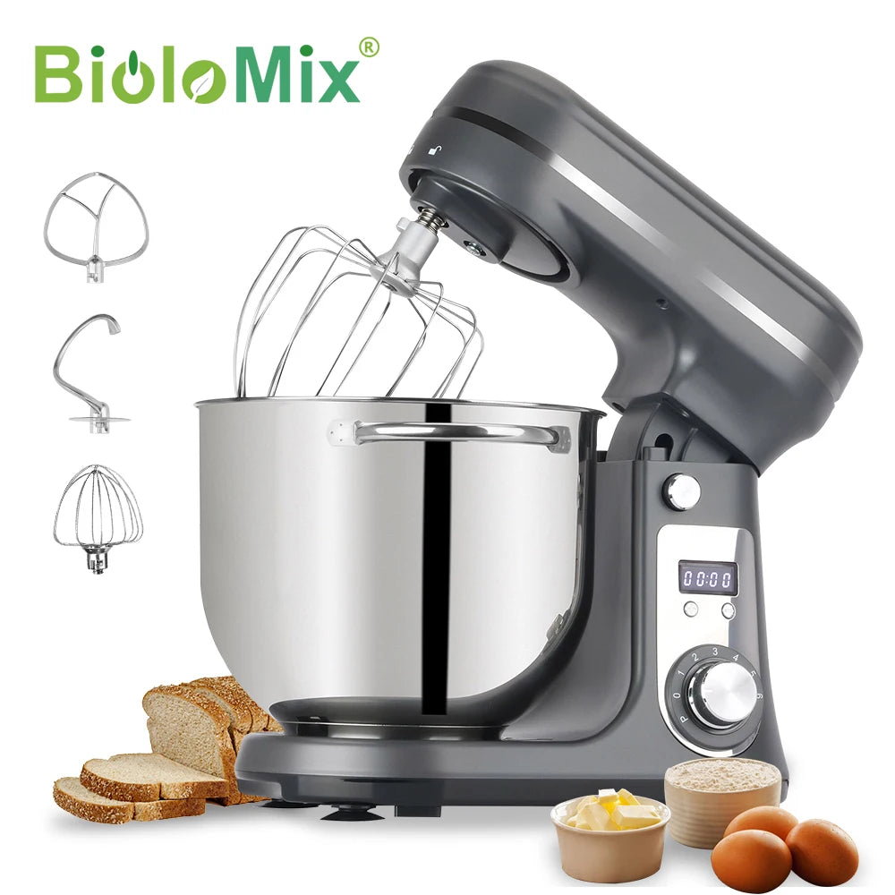 BioloMix 6-speed keukenmixer 1200W DC stille motor 6L roestvrijstalen kom met garde voor room en eieren, deeghaak voor kneden
