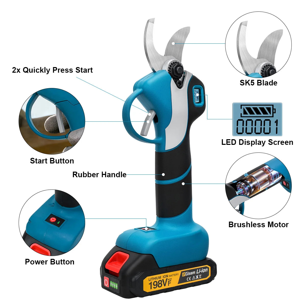 Sécateur électrique Gisam 1000W 40mm, outil de taille sans fil sans balai pour branches d'arbre, compatible avec les batteries Makita 18V