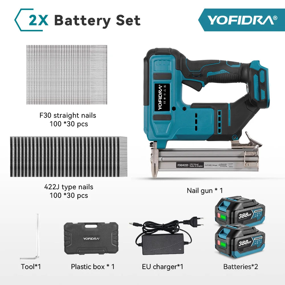 YOFIDRA F30 422J Borstelloze Elektrische Nagelmachine 2-in-1 Multifunctioneel Framing Nietpistool Accugereedschap voor Makita 18V Accu