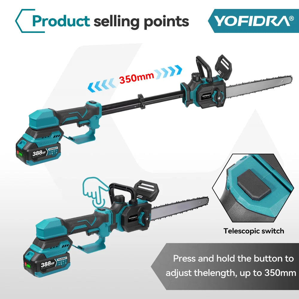 YOFIDRA 7000W 12Inch Brushless Chainsaw Stretchable Handheld Pruning Chain Saws Garden Wood Cutting Tools For Makita Battery Pin
