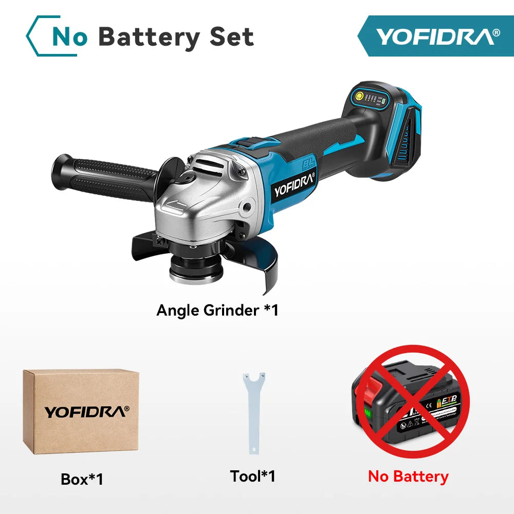 YOFIDRA 125MM Brushless Electric Angle Grinder Cordless Metal Wood Grinding Polishing Cutting Power Tool for Makita 18-21V Battery Pin