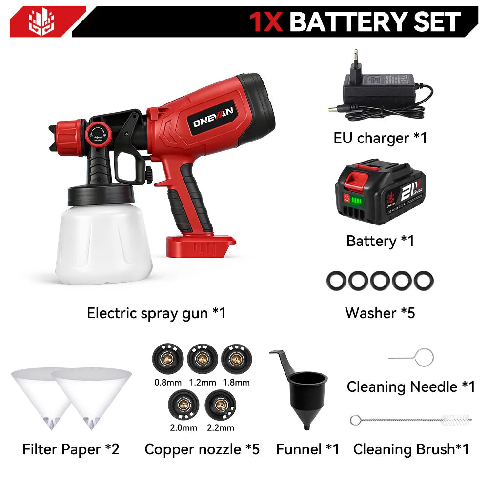 ONEVAN 1400ML Elektrisch Spuitpistool Draadloze Verfspuit voor Thuisgebruik Auto Meubels Staalcoating Airbrush Geschikt voor Makita 18V Accu