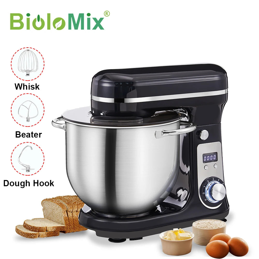 BioloMix 6-speed keukenmixer 1200W DC stille motor 6L roestvrijstalen kom met garde voor room en eieren, deeghaak voor kneden