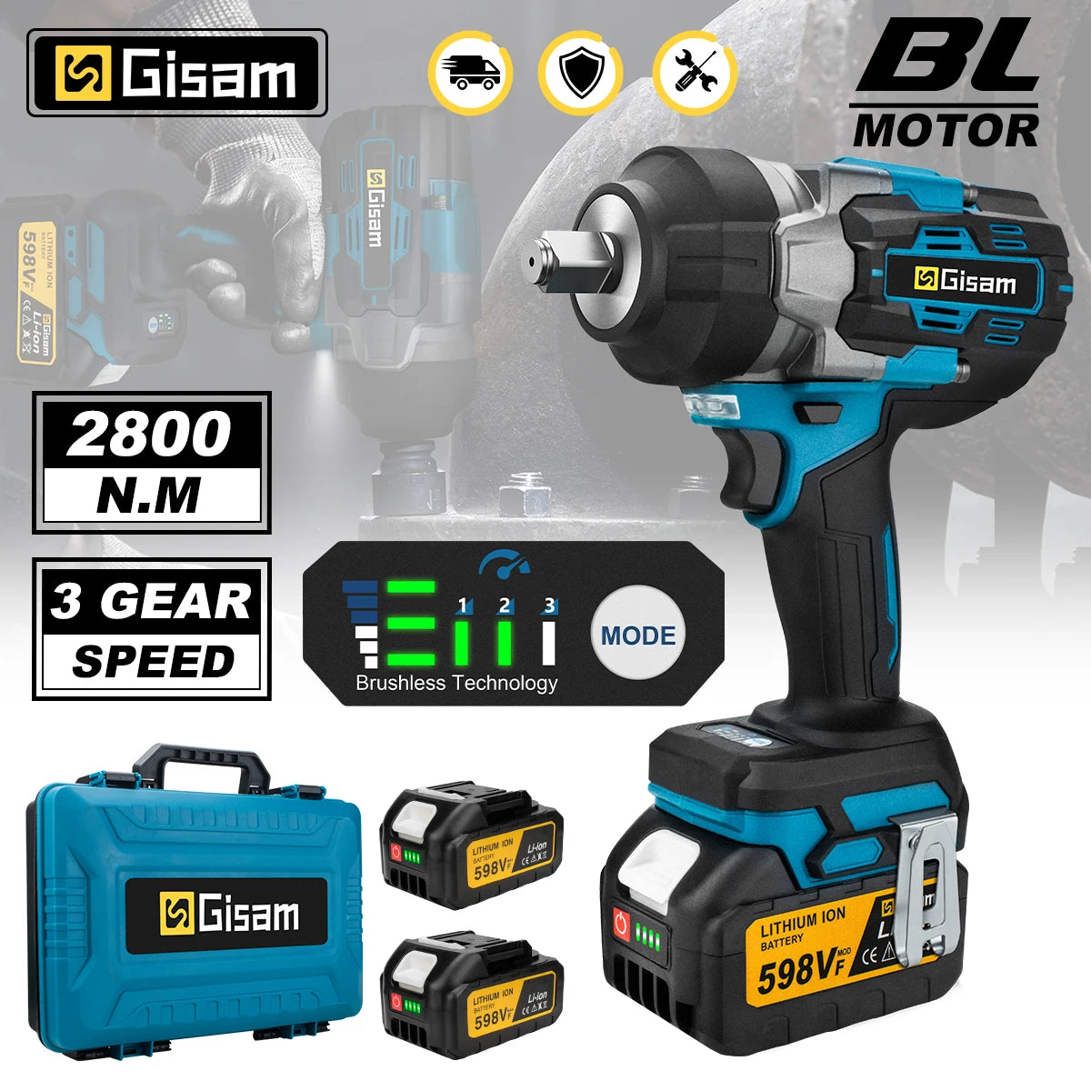 Gisam 2800N.M Brushless Electric Wrench 1/2 Inch Impact Wrench Electirc Screwdriver Drill Compatible with Makita 18V Battery Pin