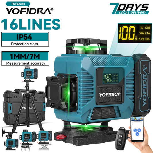 YOFIDRA 16 Lines 4D Laser Levels with 1M Tripod Self-Leveling 360° Horizontal Vertical Leveling Tool Cross Laser Measure Machine