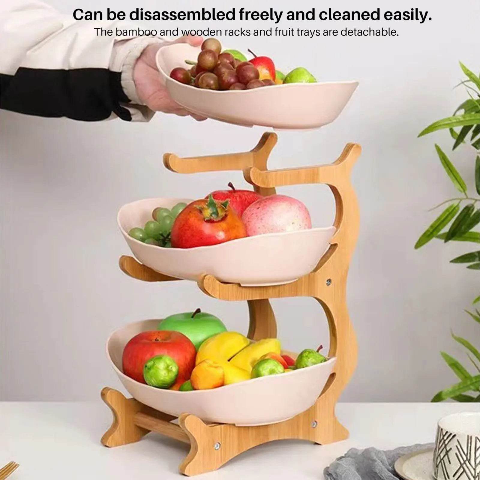 3 Layer Fruit Plate with Wooden Stand Home Living Room Plastic Snack Dish Dried Fruit Basket Candy Dish Cake Stand Salad Bowl - Quality Shopping Centre