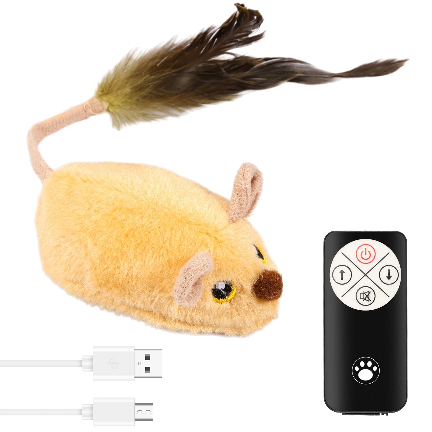 A remote-controlled plush mouse toy with a feather tail and a USB charging cable.