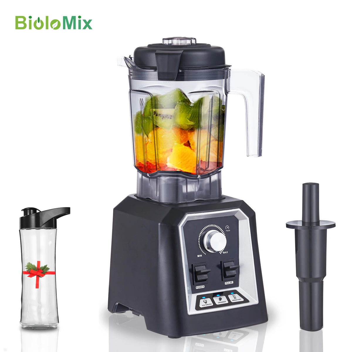 BioloMix Professionele Keukenblender Automatisch Programma 2L Laag Profiel BPA-vrij Smoothie Sapcentrifuge Ijsvergruizer Voedselmixer