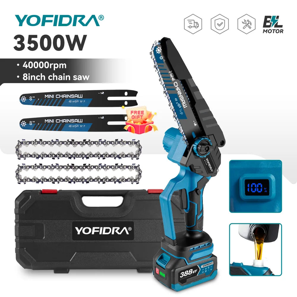 YOFIDRA 8 Inch Brushless Electric Chainsaw 3500W Handheld Woodworking Pruning Chain Saw Cutter Power Tool For Makita Battery Pin