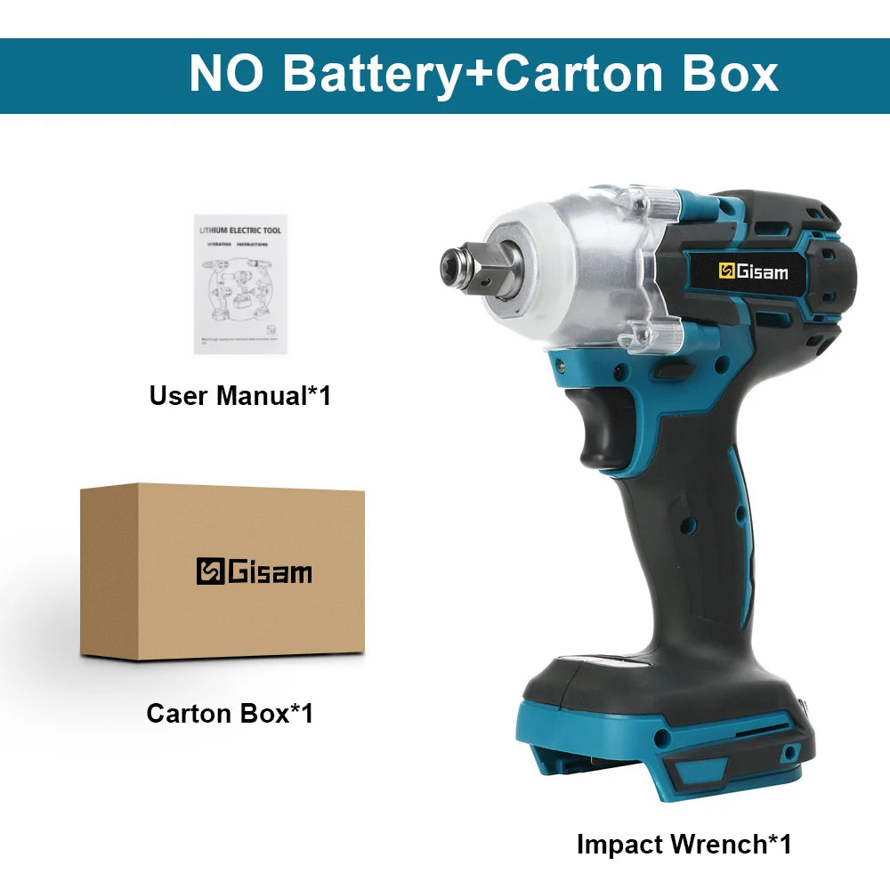 Gisam 520n.M Brushless Electric Impact Wrench 1/2 In Li-on Battery for Automotive Repair Power Tools for Makita 18V Battery Pins