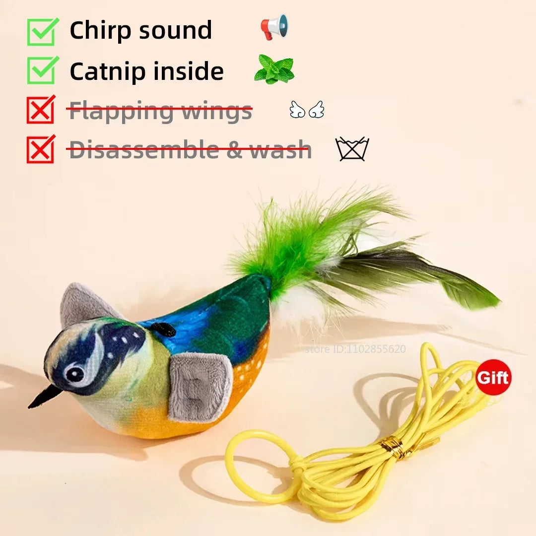 A colorful bird-shaped cat toy with a feathered tail, an internal chirping sound, and catnip, that comes with a yellow string.