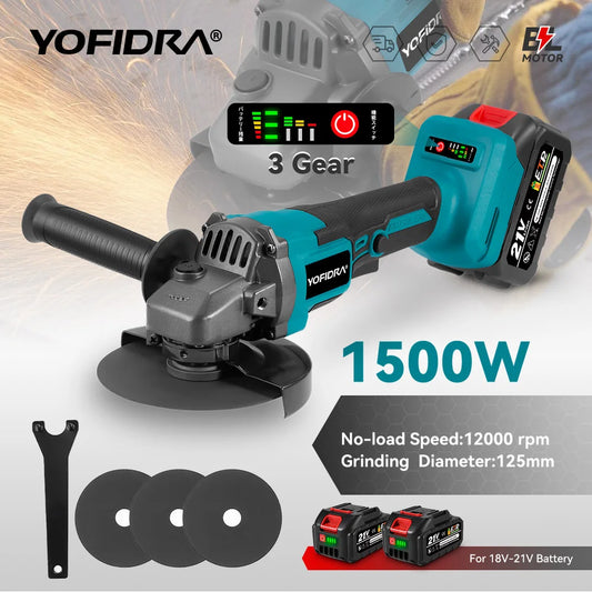 YOFIDRA 12000RPM 125mm Brushless Angle Grinder Cordless Cutting Polishing Power Tool With 3 Saw Blades For Makita 21V Battery Pin