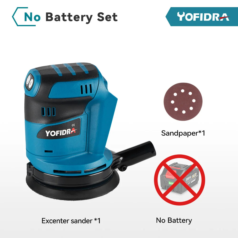 YOFIDRA Electric Orbital Sander 125MM Cordless Grinding Sanding Polishing Machine Woodworking Power Tool For Makita Battery Pin