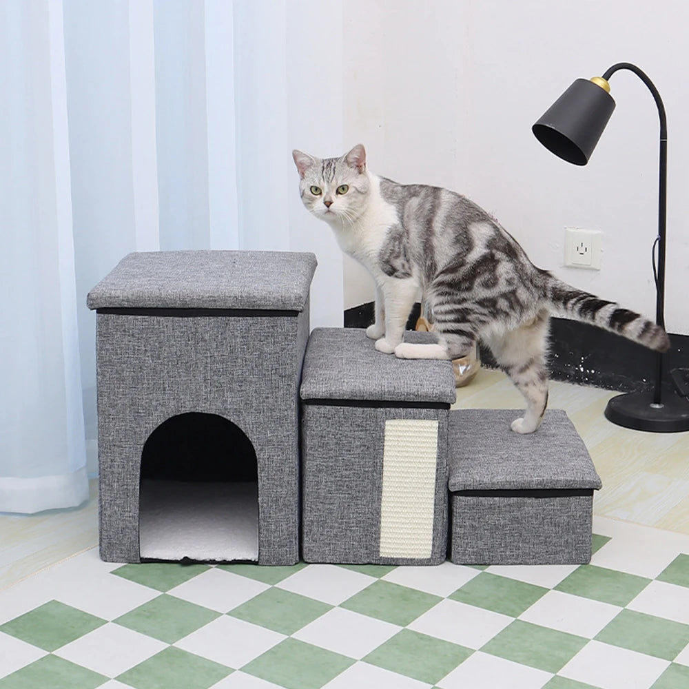 Foldable Pet Stairs with Storage Compartments, Non-Slip Wide Steps, Comfortable Dog Cave for Elderly Cats and Dogs Climb & Rest - Quality Shopping Centre