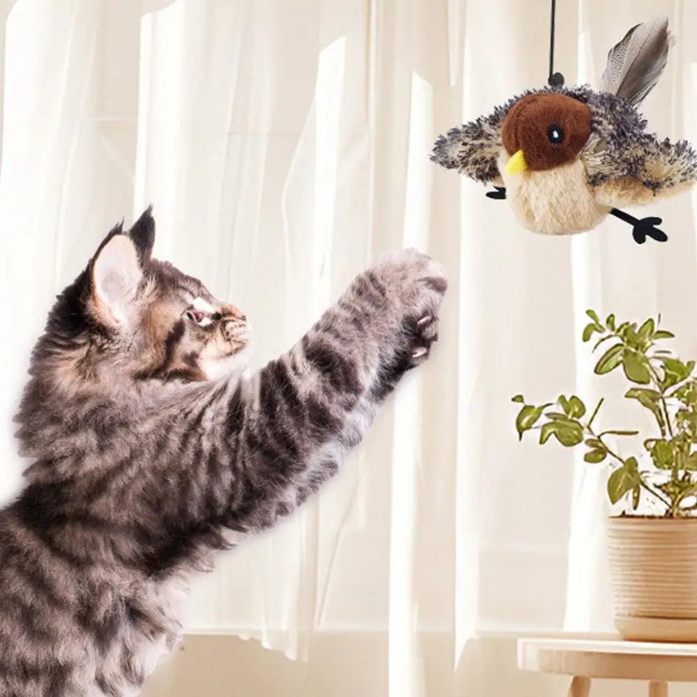 Chirping bird cat toy with Catnip Adjustable Touch Activated Squeak Plush Cat Toy Rechargeable Chirping Flapping Bird for Pet